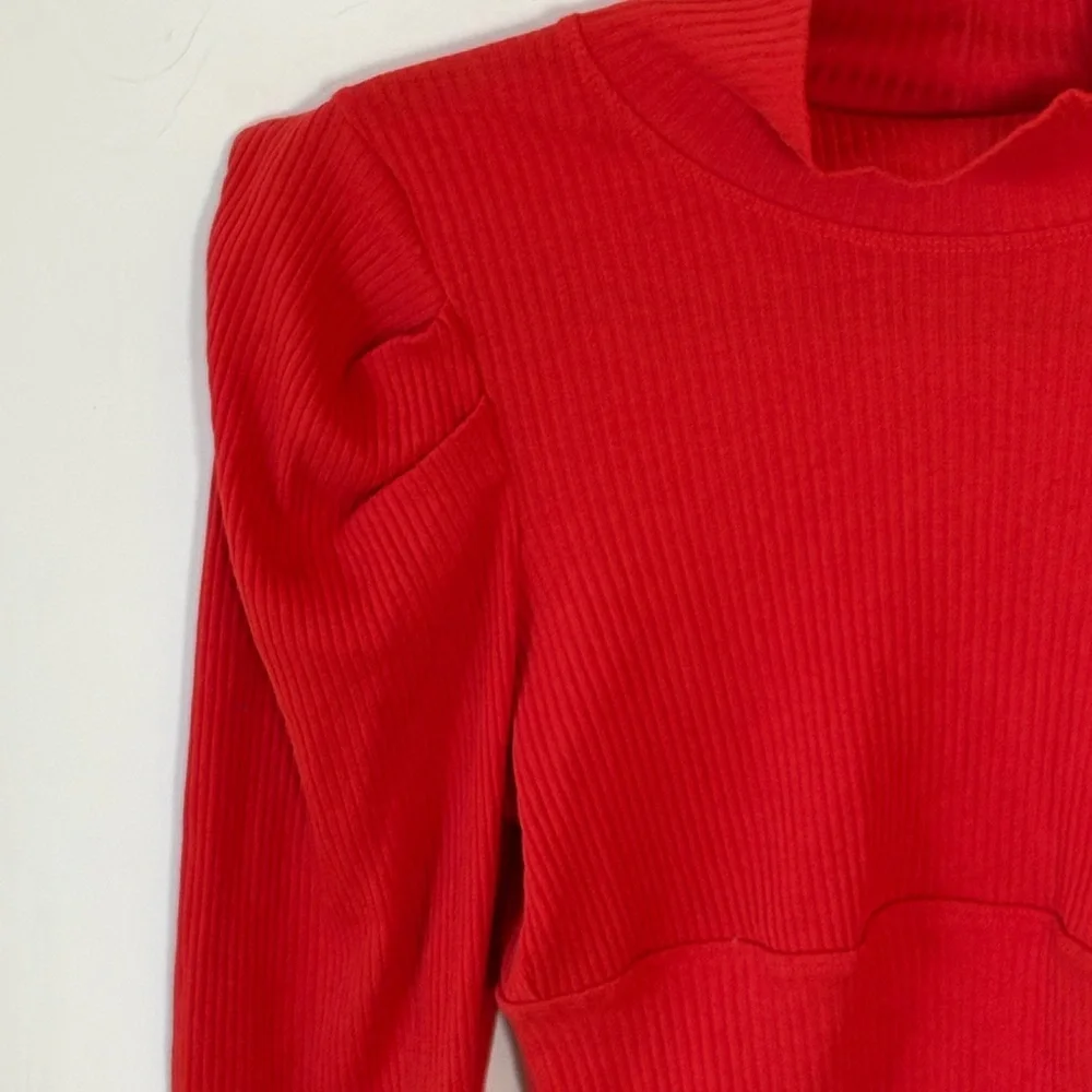 Free People Ribbed Orange Lala Puffed Sleeve Turtleneck Size L